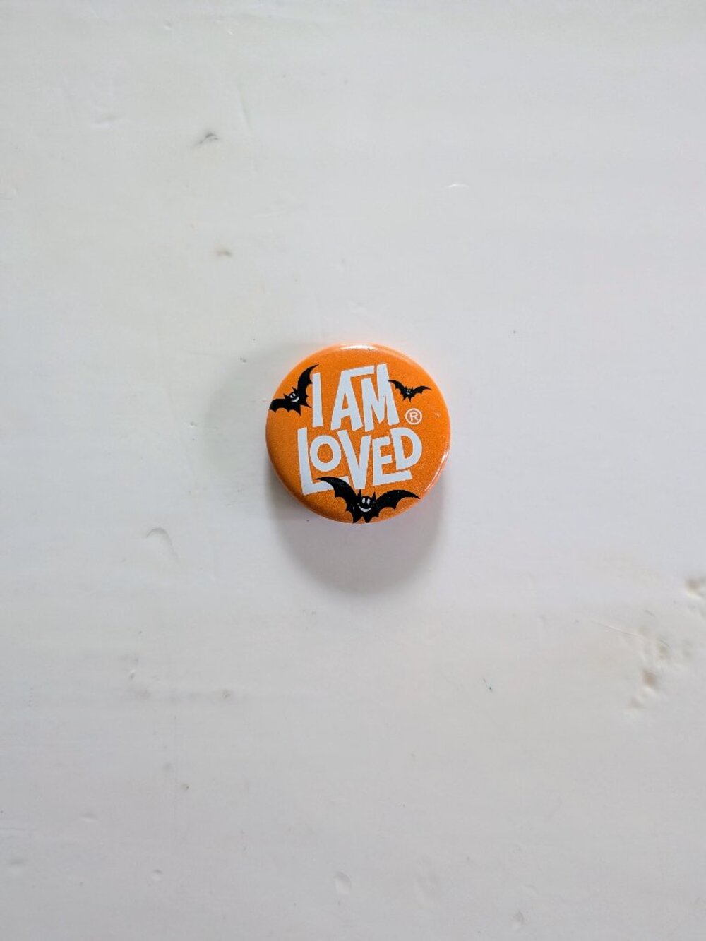 Rare VTG 80s I Am Loved Halloween Pin Button Helzberg Foundation Orange Bats USA